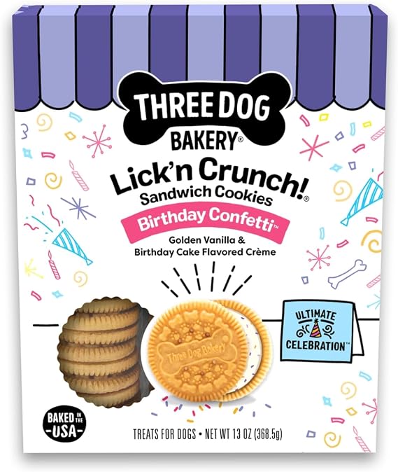 Three Dog Bakery Lick'n Crunch! Dog Treats - 13 oz | Birthday Confetti Sandwich Cookies - Crunchy Treats with Birthday Cake Creme