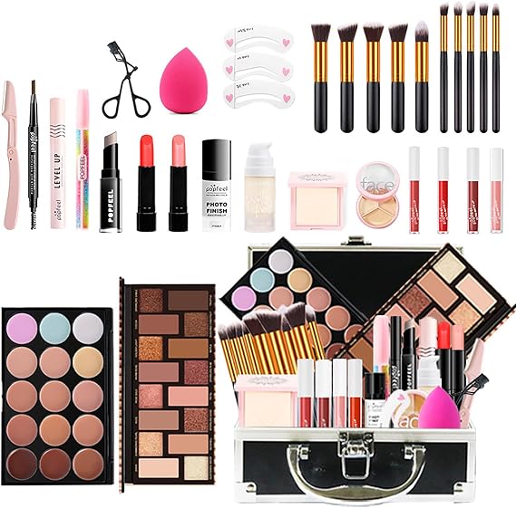 Popfeel Full Beauty Makeup Cosmetics Set, 21-Piece Set, Beginner Set, Makeup Set, Foundation, Eye Shadow, Blush, Concealer, Lip Gloss, Lipstick, Mascara, Eyebrow Pencil, Makeup Brush Set with Storage Box, Long Lasting, Full Beauty Makeup Set, Beginners, Popular Cosmetics Set with Storage Box, Christmas, Valentine's Day, New Year, School Entrance Ceremony, Gift, Black