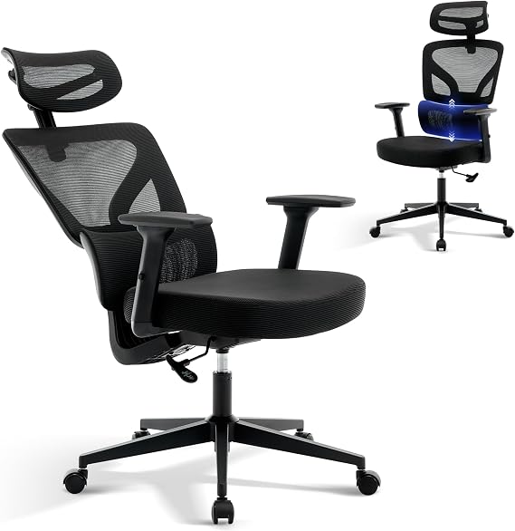 Ergonomic Office Chair, High Back Mesh Office Chair with Adjustable Lumbar Support, Flip-Up Armrests, 135° Recline, Executive Manager Chair – Black Frame | Spray Plastic Black