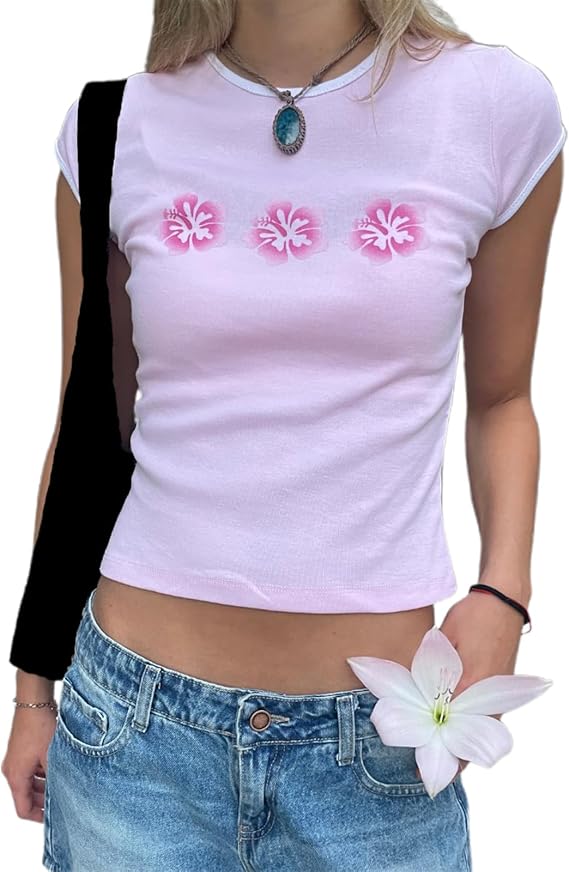 Y2k Graphic Print Baby Tees Women Short Sleeve Vintage Crop Tops Cute Teen Girls Slim Fit 90s Aesthetic T Shirts