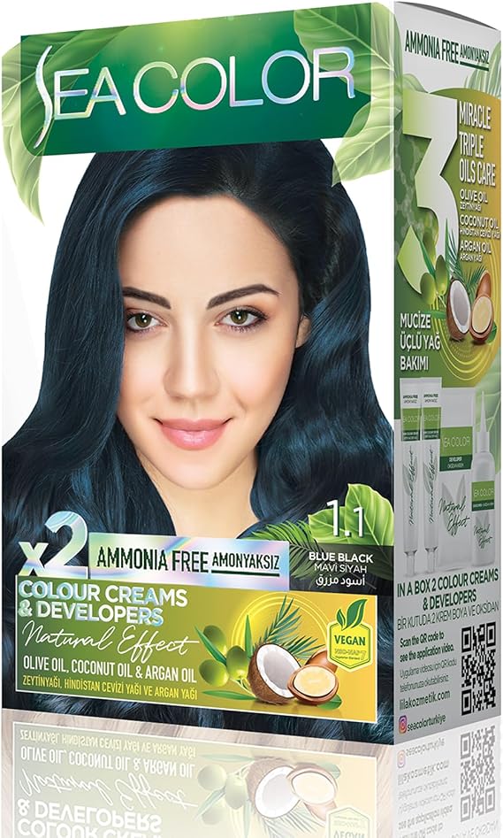 SEA COLOR Amonyaksız, Vegan, Doğal, Besleyici Kalıcı Saç Boyası%100 Beyaz Kapama (1 PAKET 2 x 50 ml Boya & OKSİDAN) (Mavi Siyah 1.1)