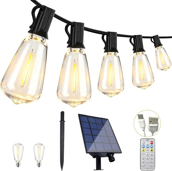 50 ft 25 Warm White ST38 Edison Bulb LED Outdoor String Light Solar-Powered