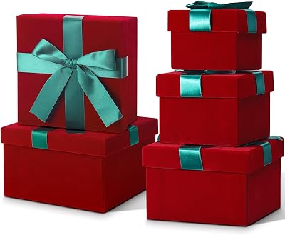 Tenceur 5 Pcs Christmas Gift Boxes Red Assorted Gift Square Boxes with Lids Velvet Gifts Box Birthday Gifts Box with Ribbon for Festival Christmas Birthday WeddingsGreen