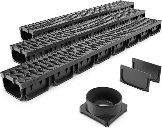 Vodaland - 4 Inch Trench Drain System with Grate - Black - Easy 2 (3 Pack)