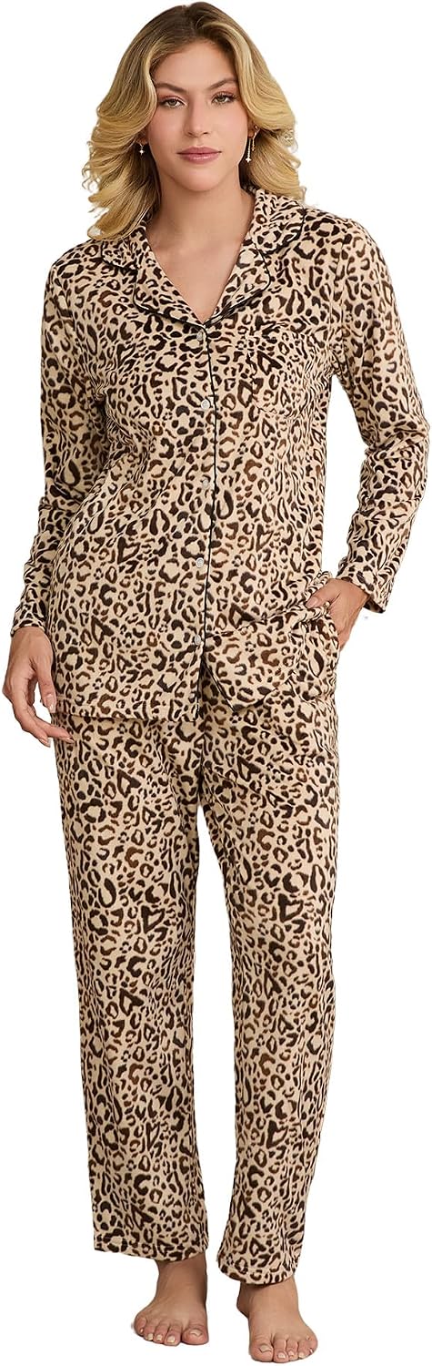 HEARTNICE Womens Fleece Pajama Set, Ultra Soft Long Sleeve Button-Down PJs 2-Piece Cozy Sleepwear