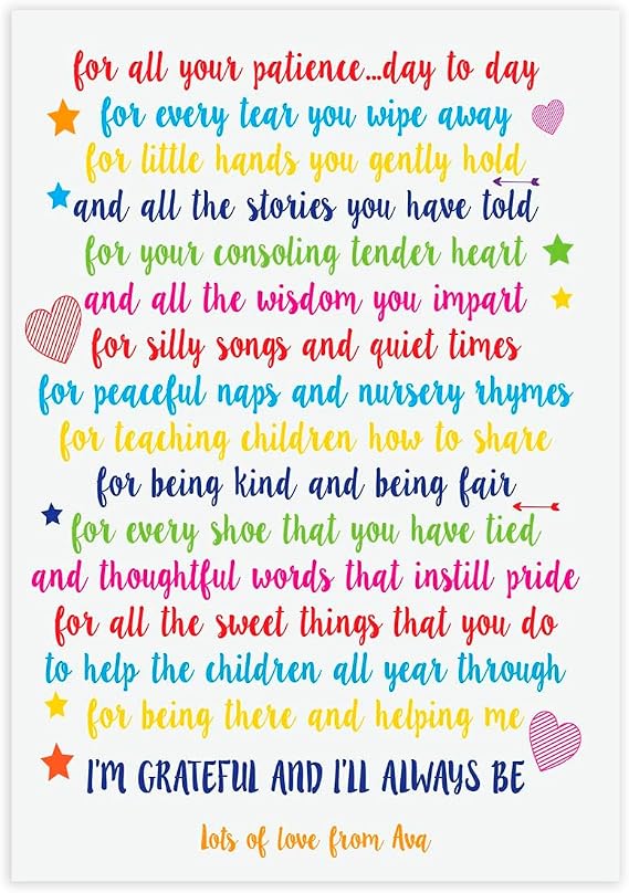 A gorgeous Personalised thank you poem from a child to a nursery, teacher, childminder etc print to say thank you to a Teacher or School, Present Gift Thank Leaving Quote