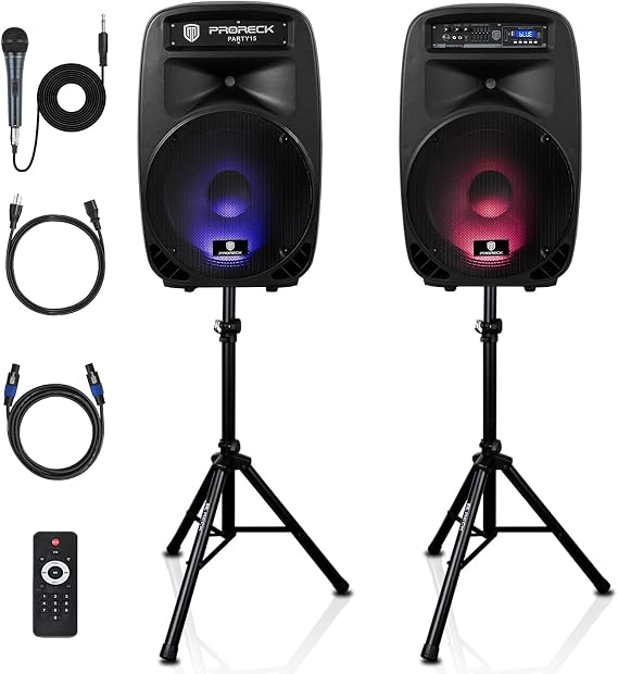 PRORECK New Party 15 15-Inch 2-Way Powered PA Speaker System Combo Set with Bluetooth/USB/SD Card Reader/FM Radio/Remote Control/Speaker Stand
