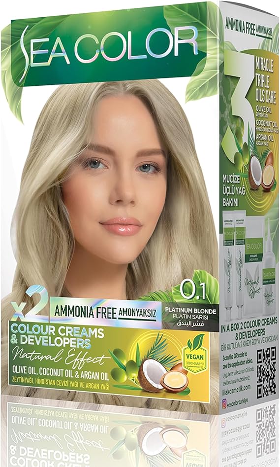 SEA COLOR Non-Ammonia, Vegan, Natural, Nourishing Permanent Hair Dye 100% White Closure (1 PACK 2 x 50 ml Dye & OXIDANT) (Platinum Yellow 0.1)