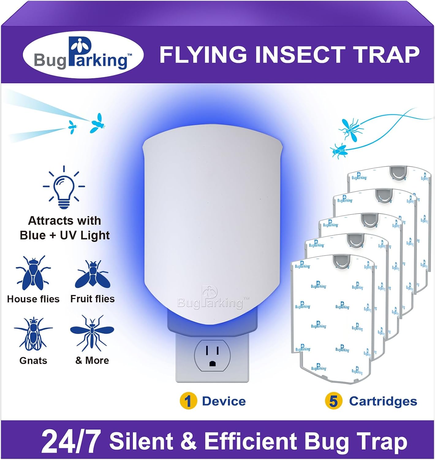 Flying Insect Trap for Indoors: Light Trap Captures Fruit Flies, Gnats, and Houseflies, Silent Bug Catcher with UV Light for Indoor-Plants, Kitchen, BUG PARKING 1 Plug-in Device  5 Cartridge Refills