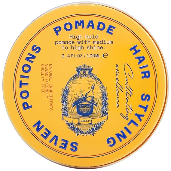 SEVEN POTIONS Mens Hair Pomade High Shine, High Hold, Water-Based Barber-Grade Styling for Slick Back, Pompadour & Side Part Natural, Vegan, Cruelty-Free 3.4 fl oz / 100ml