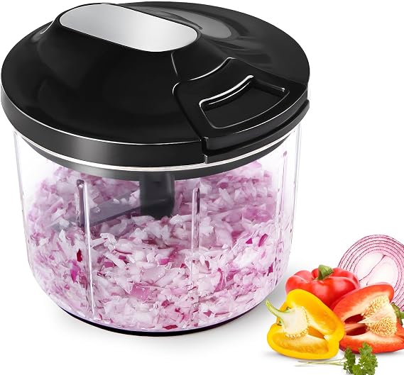 Vegetable Chopper Manual, 1000ML Onion Cutter Large Capacity Pull String Food Processor for Salsa Nuts Pesto Herbs Easy to Clean Kitchen Gadget Black