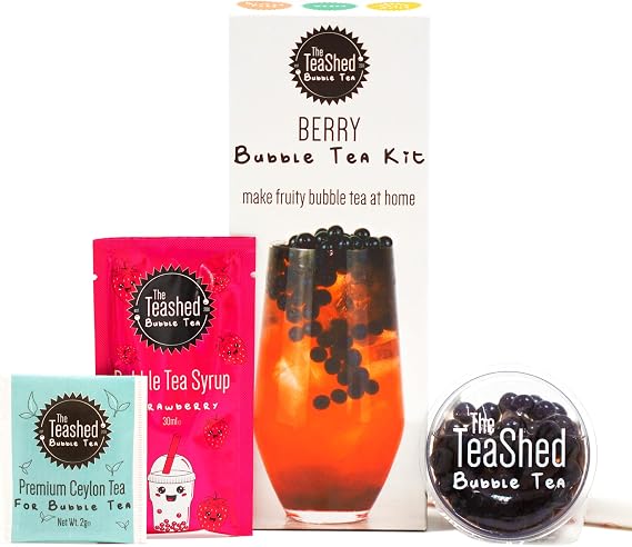 Berry Bubble Tea Kit | Fruit Boba Tea Set Includes Strawberry Syrup, Blueberry Popping Boba, Tea Bag and Paper Straw | by THE TEASHED