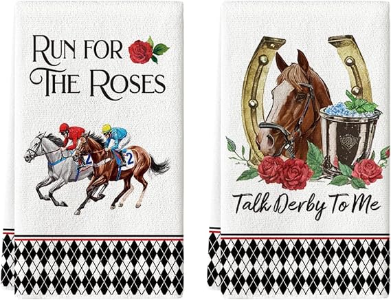 Artoid Mode Diamond Plaid Jockey Horse Racing Rose Kentucky Kitchen Towels Dish Towels, 18x26 Inch Farmhouse Decoration Hand Towels Set of 2