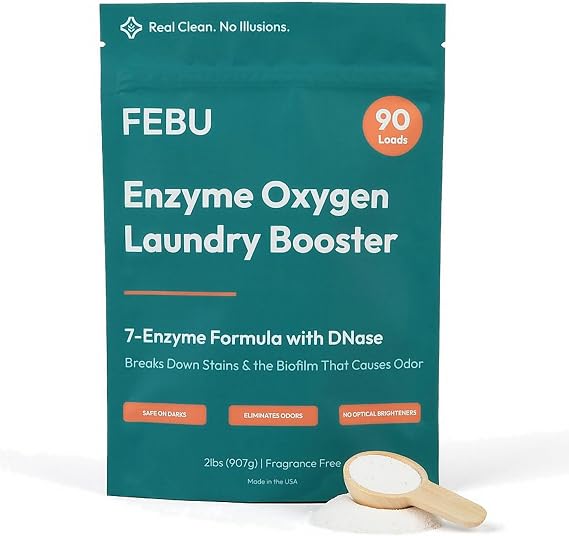 FEBU Enzyme Oxygen Laundry Booster, Fragrance Free, 2 lbs | 7-Enzymes Including DNase, Odor Eliminator & Stain Remover for Sweat, Pet & Musty Odors, Concentrated Powder, USA Made