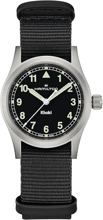 Hamilton Khaki Field Khaki Quartz Men's Watch, 33mm Stainless Steel Case, Swiss Made, Black Dial Analog Wrist Watch for Men, 50m Waterproof, Sapphire Crystal, Textile Strap