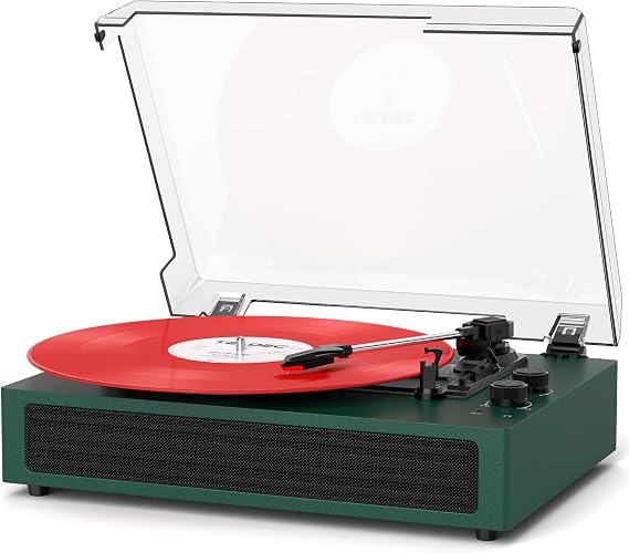 VINYLSLINK Bluetooth Record Player, Vintage Turntable with Treble & Bass Adjustment, Built-in Stereo Speakers, 3-Speed (33/45/78 RPM), Belt Drive, Auto Stop, RCA/AUX/Headphone Jack, Green