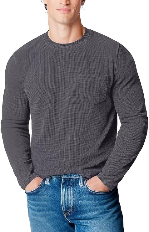 Zengjo Mens Waffle Long Sleeve Shirt Crew Neck Casual Midweight T-Shirt with Pocket Soft Thermal Layering Tees