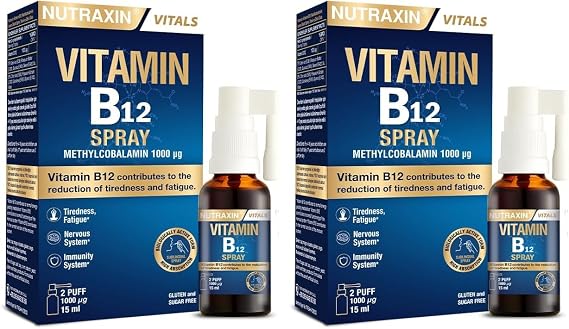 Nutraxin Vitamin B12 Sprey 1000 µg Metilkobalamin, Yüksek Emilim, Vegan Uyumlu, Ağız Yoluyla Takviye Edici Gıda, 15 ml (2 paketi)