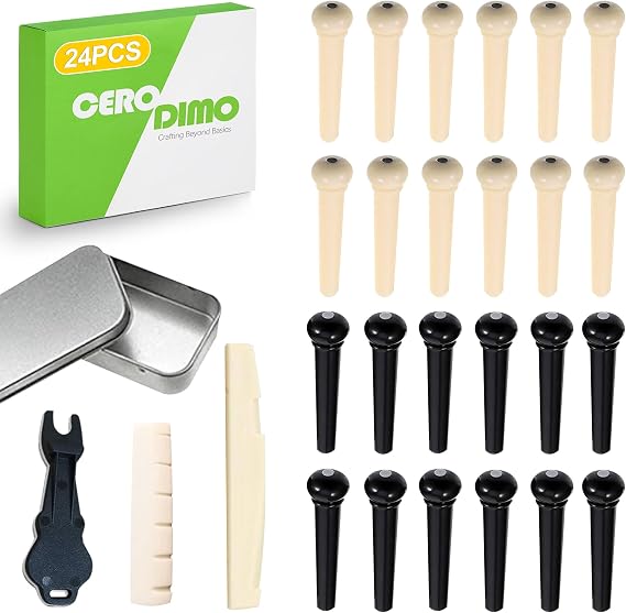 24 PCS Acoustic Guitar Bridge Pins with Puller Remover Tool, Saddle and Nut, Replacement Parts for Acoustic Guitar, White and Black