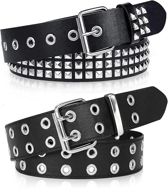Black Studded Belt, 2 Pcs Y2K Belt Metal Punk Rock Double Grommet Belts with Bright Pyramid Studded for Women Men