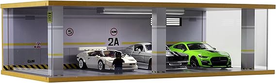 1/24 Scale Die-cast Car Garage Display Case (1:24-4 Parking 2A) | with Clear Acrylic Cover and LED Lighting for 4 Parking