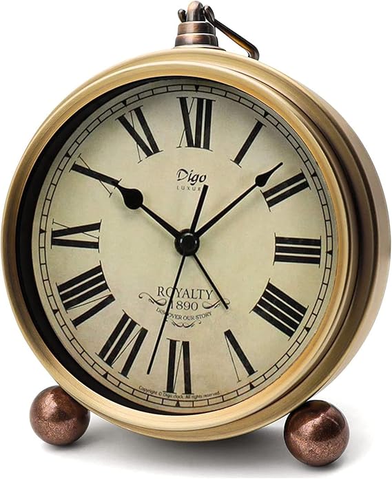 Maxspace Metal Golden Table Clock, Retro Vintage Non-Ticking Small Alarm Clock,Battery Operated Silent Quartz Movement HD Glass Desk Clock for Bedroom Living Room Indoor Decoration Kids... (Roman2)