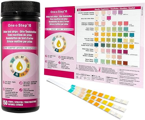 150 x One+Step Urine Test Strips for 10 Parameters I with Colour Chart for Accurate Hygienic Reading I Ketone Glucose Bilirubin Specific Density Blood PH Protein Urobilinogen Nitrite Leukocytes