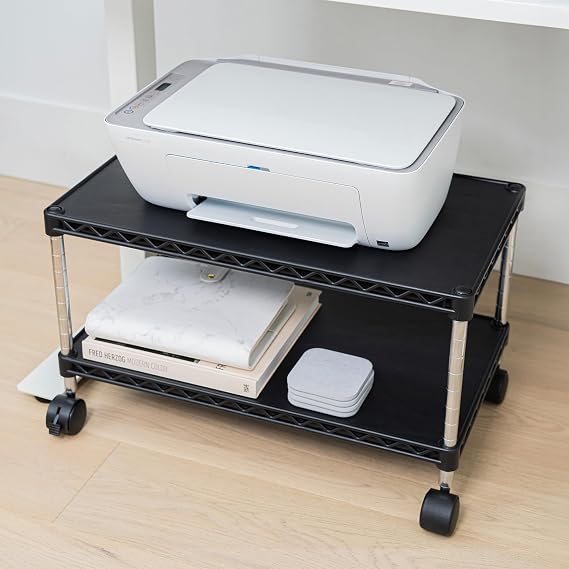 Under Desk Printer Stand with Storage 24" X 14", Printer Cart, Small Printer Stand with Wheels, Small Printer Table for Home Office, Heavy Duty Low Rolling Cart, (Regular, Black)