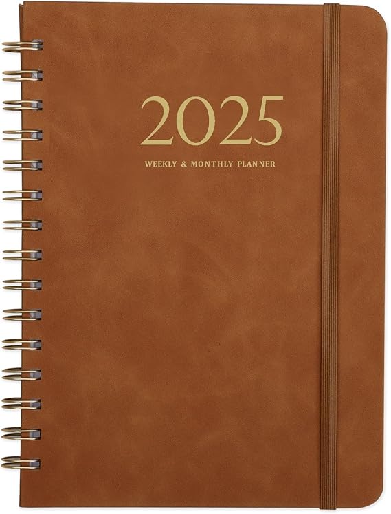 2025 Planner Weekly and Monthly Planner 2025, 6.4" x 8.5", Jan - Dec 2025, Calendar Planner Daily Planner, Premium Pages, Twin-Wire Binding, Tabs, Elastic Closure, Pocket, Faux Leather Cover, Yearly Agenda, Brown