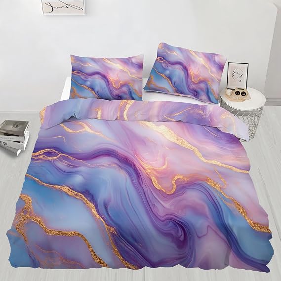 Marble Duvet Cover Twin Size,Purple Marble Comforter Cover 3Pcs, Gold Lines Bedding Set, Cover with Zipper Soft Microfiber Quilt Cover 2 Pillowcases