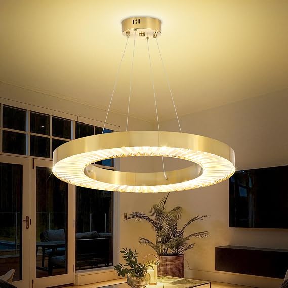 Glam Gold Ring Chandelier 24in Modern Dimmable Led Ring Chandeliers for Living Room Dining Room Height Adjustable Round Crystal Pendant Lighting