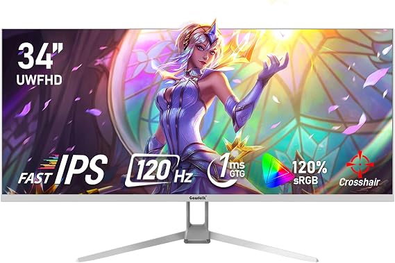 Gawfolk 34 Inch IPS Ultrawide 120Hz Gaming Computer Monitor, 21:9 UWFHD (2560x1080) PC Screen, 120% sRGB, Adaptive Sync, 178 Viewing Angle, Display Port, HDMI, Compatible with Wall mounting - White