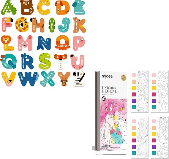 Mideer Large Magnetic Letters, Alphabet Magnets for Kids + Water Coloring Books for Kids Ages 4-8,Pocket Watercolor Painting Book Kit for Toddlers (Unicorn Legend)