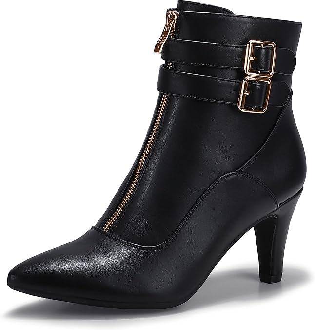 IDIFU Women's Pointed Toe Metal Buckle Two Strap Ankle Booties Side Zipper Kitten Heel Dress Classic Short Boots | Vintage 3 Buckle Straps Small Low Heeled Short Booties with Side Zipper Decrative Front Zip Dressy
