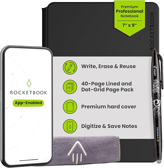 Rocketbook Pro Smart Reusable Notebook, Executive 7x9, Black