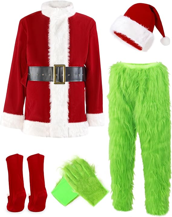 ADOMI Christmas Costume for Men Green Furry Monster 8PCS Santa Costume