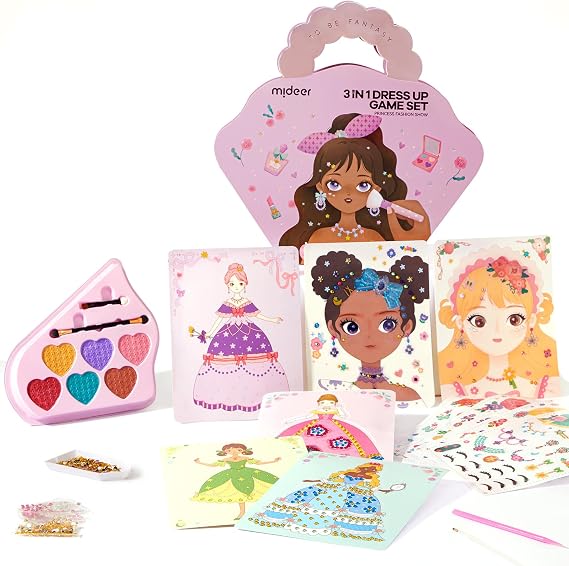 MiDeer 4-in-1 Princess Dress Up Game & Paper Makeup Art Craft Kit Ages 4-8 | Princess Glam Magic Makeup Activity Book with Stickers, Foil Art & Diamond Painting. DIY Craft Toy for Girls Ages 4-8.