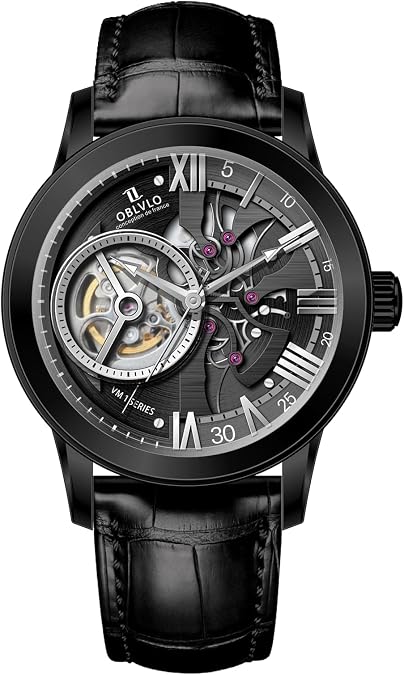 OBLVLO Luxury Automatic Watch, Blue Skeleton Dial, Rose Gold Case, Leather Band