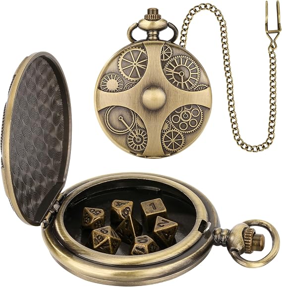 Mini Dnd Dice Set with Bronze Steampunk Gear Pocket Watch Shell Case, 7pcs Polyhedral Metal D&D Dice Set, DND Gifts with Gift Box, Role Playing Board Games Accessories