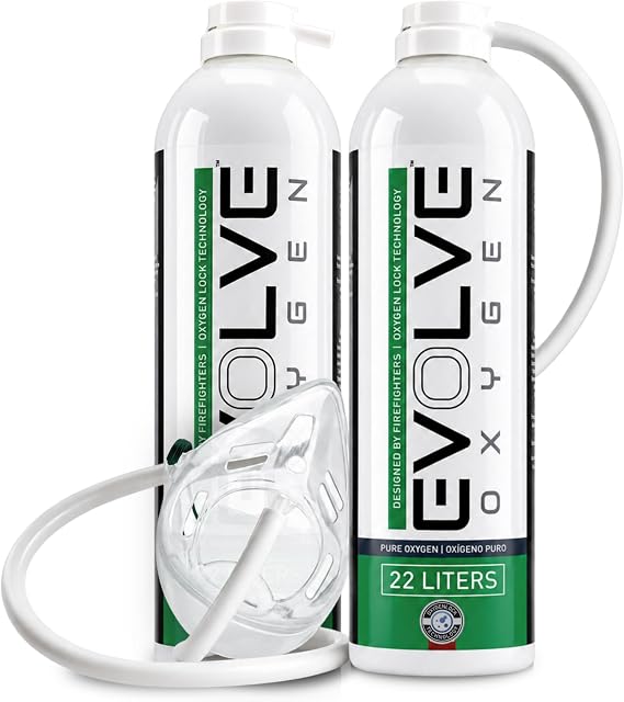 EVOLVE | 44-Liters of Pure Oxygen | Mask and Tube | 2X 22 Liter Canisters | Portable Oxygen Cans | Ideal for Home Use and Outdoor Activities | Designed by Firefighters | Made in the UK | Pack of 1