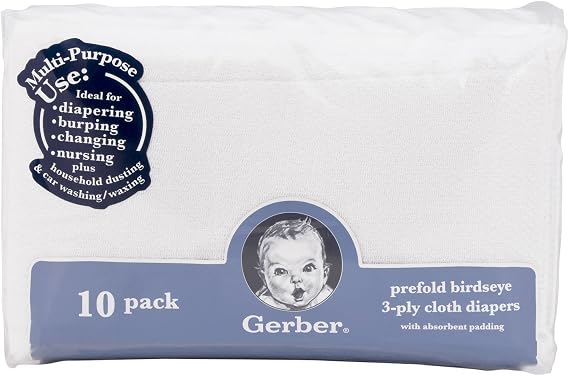 Gerber Unisex Baby Boys Girls Birdseye Prefold Cloth Diapers Multipack White Premiun 3-Ply 10 Pack