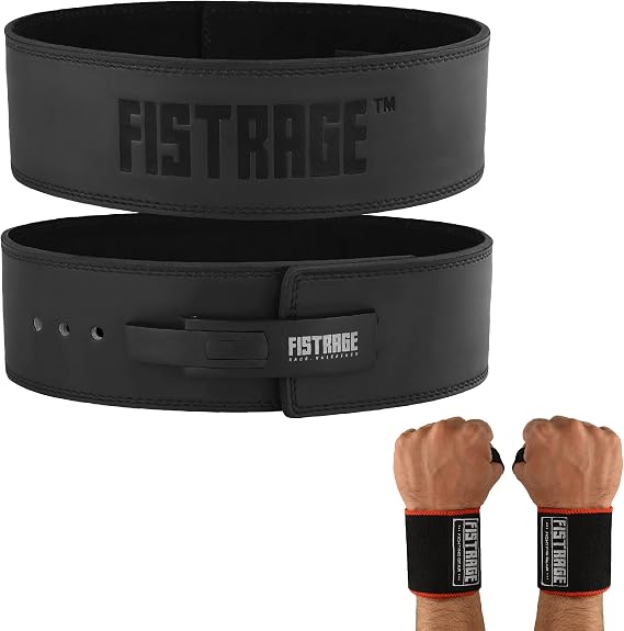 FISTRAGE Lever Buckle Weight Lifting Leather Black Belt Gym Back Support for Men & Women Training Fitness Exercise for Tough Workouts | Power Lifters | Supports Lumber Lower Back