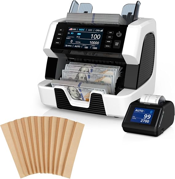 PONNOR Money Counter Machine Mixed Denomination Counterfeit Detection with Money Wrapper