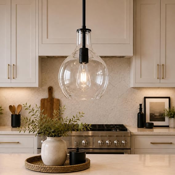 Emak 8 Inch Pendant Lights Kitchen Island, Modern Black Pendant Light with Clear Glass Shade, Farmhouse Hanging Light Fixture for Kitchen, Bathroom, Hallway, Dining Room, PL125-BK