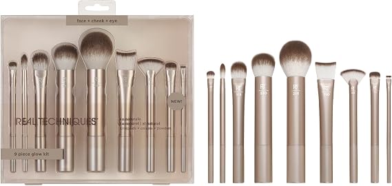 REAL TECHNIQUES Au Naturale makyaj fırçası seti, fondöten, pudralar ve kapatıcılar için, üstün kaliteli yüz fırçaları, 9 parçalı set, altın