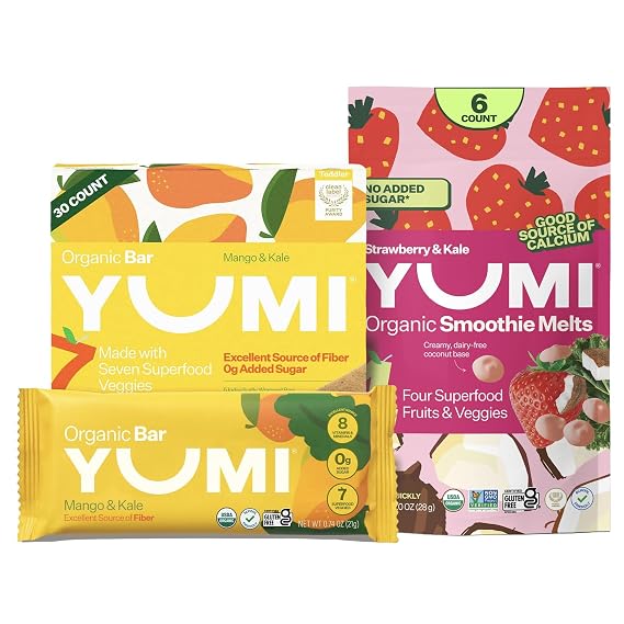 Yumi Organic Toddler Snacks Bars - Gluten-Free, No Added Sugar, 7+ Vegetables, Mango & Kale (30ct.) & Yumi Smoothie Melts - Toddler, Kids & Baby Snacks, Gluten-Free, Strawberry & Kale (6 ct.)