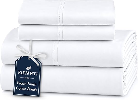 RUVANTI 100% Cotton Queen Sheets, Percale Queen Sheet Set, Bright White