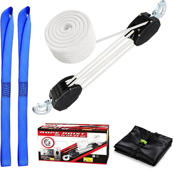 5:1 Block&Tackle Pulley System Rope Hoist, 50 Ft, 2000 LBS White