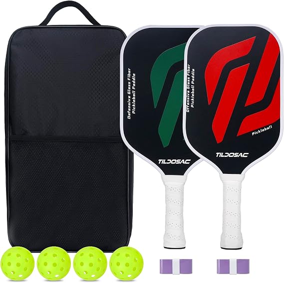 TILDOSAC Fiberglass Pickleball Paddles Set of 2, Complete Kit with 4 Pickle Balls, 2 Replacement Grips & Portable Carry Bag, Recreational Pickleball Equipment for Adults Beginners