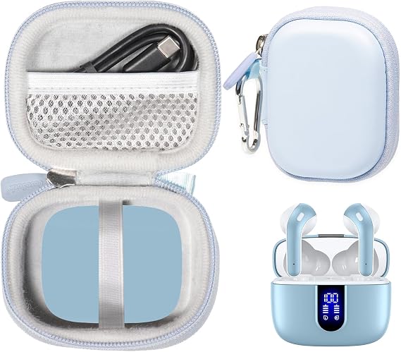 Case for TAGRY X08 Bluetooth Headphones True Wireless Earbuds 60H, mesh Pocket for Charge Cable (Pale Blue)